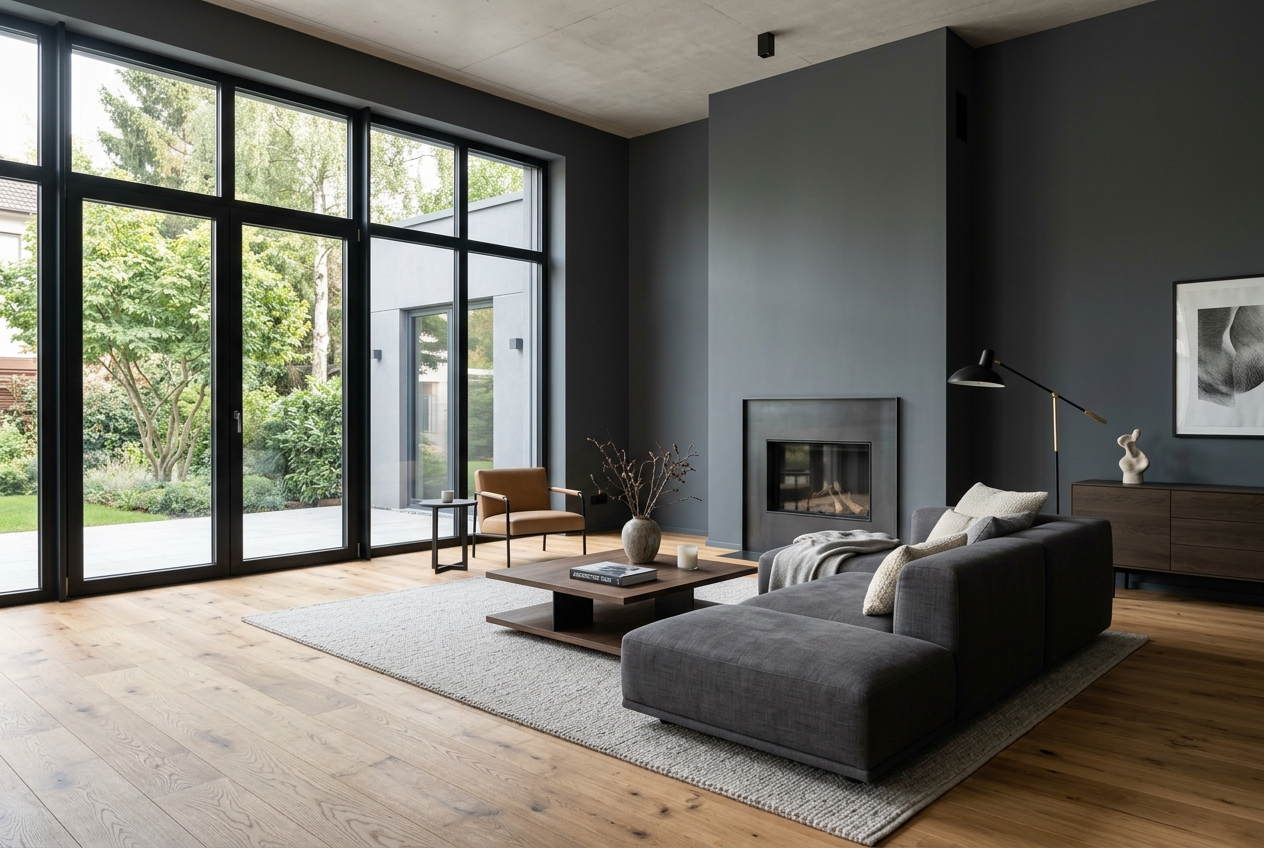 Exklusiv gestaltetetes Wohnzimmer mit perfekt gestrichenen schiefergrauen Wänden und elegantem Holzfußboden