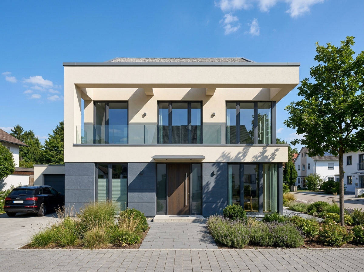 Moderne Hausfassade in harmonischen Farbtonen