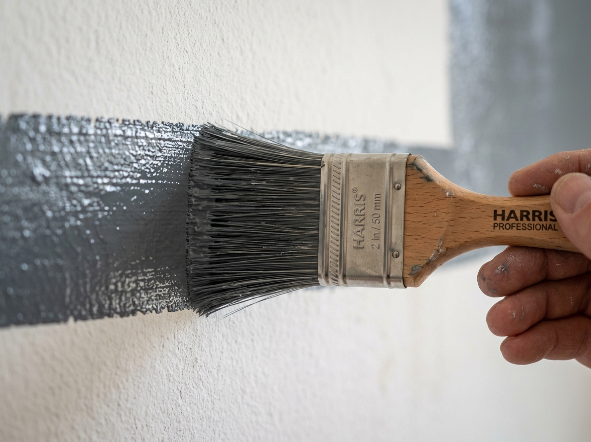 Detailaufnahme eines Pinsels beim präzisen Farbauftrag an einer Wand